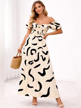 Japan NWT Off-Shoulder Cream Maxi Dress with Black Abstract Print size large